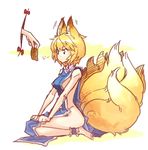  aburaage animal_ears ankle_garter bare_shoulders barefoot blonde_hair breasts brown_eyes food fox_ears fox_tail full_body gap hands medium_breasts multiple_tails naked_tabard nerugal no_bra no_hat no_headwear no_panties revealing_clothes seiza short_hair simple_background sitting solo tabard tail tofu touhou translated yakumo_ran 