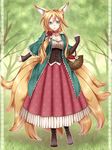  animal_ears apple aqua_eyes ban'ya_(konshin) basket blonde_hair blush boots cherry corset dress flower food fox_ears fox_tail fruit hair_flower hair_ornament highres jewelry konshin kyuubi long_hair long_sleeves looking_at_viewer multiple_tails necklace open_mouth original pixiv_forest rose solo standing tail tree 