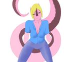  blonde_hair breasts dragon female hair horn horns plain_background solo spots_(character) unknown_artist white_background 
