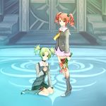  bad_id bad_pixiv_id barrette boots choker curly_hair droite_(tales) flower full_body gauche_(tales) green_eyes green_hair knee_boots kururi_(oekaki_nikki) legs long_legs multiple_girls necktie red_eyes red_hair serious short_hair sitting skirt tales_of_(series) tales_of_vesperia thighs twintails 