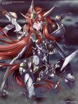  armor green_eyes highres long_hair looking_away mecha mercy_rabbit one_knee red_hair scan solo super_robot super_robot_wars super_robot_wars_the_lord_of_elemental valsione very_long_hair 