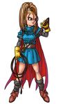  absurdres barbara belt boots cape dragon_quest dragon_quest_vi earrings elbow_gloves forehead full_body gloves high_ponytail highres jewelry legs long_hair official_art orange_hair ponytail simple_background skirt solo standing thighs toriyama_akira whip 