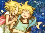  1girl blonde_hair brother_and_sister closed_eyes hair_ornament hairclip holding_hands junji kagamine_len kagamine_rin short_hair siblings smile star twins vocaloid 