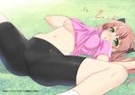  :o amatsuka_haruka baby_princess bike_shorts blush breasts brown_hair green_eyes kusaka_souji long_hair medium_breasts midriff navel open_mouth ribbon shirt_pull solo spread_legs sweat twintails underboob 