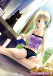  animal bell bell_collar black_cat_(animal) blonde blue_eyes camisole cat collar headphones long_hair minamino_kanata neko short_shorts shorts sitting table twin_tails 