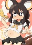  animal_ears bag belly black_eyes black_hair cellphone commentary emolga gen_5_pokemon hora_(hora06) midriff moemon mouse_ears navel open_mouth personification phone pokemon ponytail pregnant school_bag school_uniform serafuku skirt solo surprised 