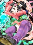  anonimasu bad_id bad_pixiv_id black_hair breasts flower foreshortening hair_flower hair_ornament japanese_clothes katana medium_breasts momohime momohime_(hitodama) oboro_muramasa sandals sheath smile solo striped striped_legwear sword thighhighs unsheathing weapon yellow_eyes 