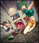  babydoll_t-shirt bad_source blonde_hair blue_eyes blue_hair blush breasts crop_top giantess green_hair karbo large_breasts midriff mouth multiple_girls navel necktie one_eye_closed open_mouth original school_uniform shirt shorts skirt t-shirt tears uvula vore 