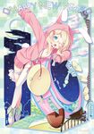  2011 ;o absurdres animal_ears argyle blonde_hair blue_eyes bunny_ears chinese_zodiac clock crescent_moon glasses hair_ornament happy_new_year highres hinasaki_you hood hoodie leaning moon new_year no_bra no_panties one_eye_closed original scan single_thighhigh solo star thigh_strap thighhighs tree white_legwear year_of_the_rabbit 