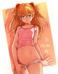  bare_arms bare_shoulders blue_eyes boyaking breasts closed_mouth face groin hair_ornament hand_under_clothes hands long_hair navel neon_genesis_evangelion no_pants orange_hair panties panty_pull red_hair shadow simple_background small_breasts smile solo souryuu_asuka_langley tank_top underwear underwear_only white_panties 