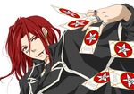  akane-sc bad_id bad_pixiv_id card coat collar ear_piercing falling_card holding holding_card jewelry magic_circle male_focus pentagram piercing red_eyes red_hair ring solo stiyl_magnus to_aru_majutsu_no_index 