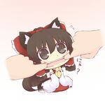  animal_ears blush bow brown_eyes brown_hair cat_ears cat_tail chibi detached_sleeves dress fangs finger_in_mouth fingersmile forced_smile hakurei_reimu hands hazuki_ruu kemonomimi_mode large_bow minigirl mouth_pull open_mouth solo tail touhou translated 