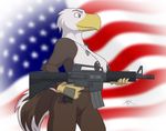  american_flag avian bald_eagle beak bird breasts brown_feathers dog_tags eagle female gloves gun jane_(spotty_the_cheetah) m4 m755 nude pussy ranged_weapon side_view solo spotty_the_cheetah standing weapon white_feathers 