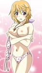  absurdres blonde_hair blush breasts charlotte_dunois crossed_arms gentoku hair_ribbon highres infinite_stratos long_hair medium_breasts navel open_mouth purple_eyes ribbon solo standing 