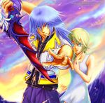  1girl aqua_eyes artist_name blonde_hair denim dress green_eyes jeans kingdom_hearts kingdom_hearts_ii namine navel pants pastoral riku silver_hair sundress vest watermark web_address 