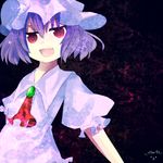  ascot bad_id bad_pixiv_id brooch eiko_(tukino) gem hat jewelry looking_at_viewer mob_cap puffy_short_sleeves puffy_sleeves purple_hair red_eyes remilia_scarlet short_sleeves solo touhou upper_body 