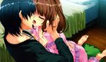  bed brown_hair kiss kneeling kuroya_shinobu male misaki_kurehito pajamas saliva sasaki_kaori short_hair tongue ushinawareta_mirai_wo_motomete 