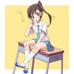  :p akanbe bad_id bad_pixiv_id blush brown_eyes brown_hair chika_(orange_pop) desk futami_mami idolmaster idolmaster_(classic) long_hair necktie plaid plaid_skirt rough_time_school school_uniform shoes side_ponytail sitting skirt solo tongue tongue_out uwabaki 