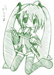  green hatsune_miku long_hair matsubara_ryuu monochrome sketch solo spring_onion thighhighs twintails very_long_hair vocaloid 
