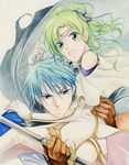  armor blue_eyes blue_hair cape carrying circlet couple dress elbow_gloves ephraim fire_emblem fire_emblem:_seima_no_kouseki fire_emblem_sacred_stones gloves green_eyes green_hair holding l&#039;arachel l'arachel lance open_mouth polearm ponytail prince princess princess_carry serious surprise surprised weapon 