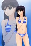  amagami ayatsuji_tsukasa bangs bare_shoulders bikini black_hair gradient gradient_background grey_eyes groin hand_on_own_chest highres kenken long_hair navel smile solo standing striped striped_bikini swimsuit zoom_layer 