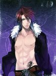  1boy abs belt bishounen blue_eyes brown_hair chest final_fantasy final_fantasy_viii fur_collar jacket looking_at_viewer male male_focus muscle nipples open_clothes open_jacket open_shirt pecs scar shirt solo squall_leonhart standing tattoo wings 