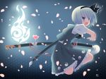  black_hairband flower hairband highres hitodama katana konpaku_youmu konpaku_youmu_(ghost) kurasawa_kyoushou open_mouth petals ready_to_draw ribbon sheath sheathed short_hair solo squatting sword touhou weapon 