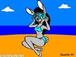  beach bikini classic classy clothed clothing cute eyewear female glasses lagomorph looking_at_viewer mammal rabbit seaside sitting skimpy solo swimsuit tail timothy_fay vintage 