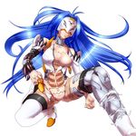  android blue_hair breasts cyborg damaged head_mounted_display kos-mos kos-mos_(archetype) long_hair parts_exposed simple_background solo thighhighs torn_clothes very_long_hair virtues xenosaga xenosaga_episode_i 