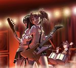  2girls animal_ears bad_id bad_pixiv_id band bass_guitar black_hair brown_hair cat_ears drum drum_set gibson_explorer guitar hair_ribbon instrument long_hair multiple_girls muska original ribbon school_uniform sunglasses sweat tenkuu_no_shiro_laputa terumii twintails 