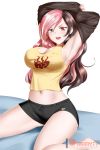  1girl alfred_cullado armpits arms_up artist_name blush breasts brown_eyes brown_hair cleavage erect_nipples heterochromia highres impossible_clothes impossible_shirt large_breasts long_hair midriff multicolored_hair navel neo_(rwby) patreon_logo patreon_username pink_eyes pink_hair rwby shirt short_shorts shorts sideboob sitting solo tank_top watermark web_address white_background yokozuwari 