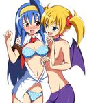  ahoge arcana_heart arm_around_shoulder assisted_exposure bangs bat_wings blonde_hair blue_bra blue_eyes blue_hair blue_panties blush bra breasts cleavage collar commentary_request cowboy_shot demon_girl dress_shirt earrings eyebrows_visible_through_hair frown hair_ornament hairband jewelry lace lace-trimmed_bra lilica_felchenerow long_hair looking_at_another medium_breasts misono_gakuen_school_uniform multiple_girls navel necktie no_pants open_clothes open_mouth open_shirt orange_eyes panties pointy_ears polka_dot polka_dot_bra polka_dot_panties purple_skirt red_neckwear ritsuo_(ti4auc) school_uniform shirt simple_background skirt small_breasts smile standing topless tsuzura_saki twintails underwear undressing v-shaped_eyebrows w_arms white_background white_shirt wing_collar wings yuri 