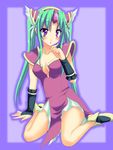  :o arm_garter bare_legs border breasts cleavage collarbone dress frills full_body green_hair long_hair looking_at_viewer medium_breasts parted_lips purple_dress purple_eyes riesz saki_chisuzu seiken_densetsu seiken_densetsu_3 sitting solo strapless strapless_dress twintails yokozuwari 