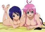  2girls bare_shoulders barefoot bed blue_eyes blue_hair blush breast_press breasts cleavage covering covering_breasts feet female green_eyes hand_holding happy lala_satalin_deviluke legs long_hair lying nude on_stomach open_mouth pink_hair sairenji_haruna short_hair smile tail to_love-ru toloveru yuri 
