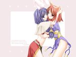  2girls animal_ears archer_(ragnarok_online) artist_name blue_eyes blue_hair blush bottomless breasts bunny_ears capelet cat_ears copyright_name couple fake_animal_ears hand_on_another's_head hands_on_another's_head long_hair looking_at_viewer mage_(ragnarok_online) medium_breasts multiple_girls nakajima_yuka nipples no_panties open_mouth orange_eyes pelvic_curtain ragnarok_online red_hair short_hair smile wallpaper yuri 