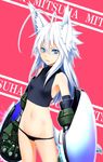  animal_ears bare_shoulders black_panties blue_eyes flat_chest gauntlets highres kentairui looking_at_viewer lowleg midriff mitsuha_(kentairui) navel no_pants original panties solo underwear white_hair wolf_ears 