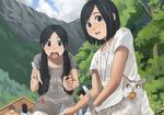  black_hair brown_hair cat chopsticks cloud day dress faceless flower food jewelry long_hair mouth_hold multiple_girls nature necklace open_mouth original outdoors picnic short_hair sky tamaru_tokihiko tree 