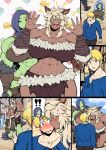  1boy 2girls :d abs amano_jack_(paradise_jack) animal_ears bare_shoulders blonde_hair blue_eyes blush breasts cheek_kiss collarbone comic commentary_request dark_blue_hair dark_skin eyebrows_visible_through_hair fang fantasy female_orc fur_trim green_eyes green_skin hands_up heart kiss large_breasts macaron_background messy_hair multiple_girls muscle muscular_female navel open_mouth original pointy_ears red_eyes short_hair silent_comic smile surfboard_(wrestling) sweatdrop tall_female tongue wide_hips wrestling 
