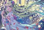  aerial_fireworks fireworks flower green_eyes green_hair hair_flower hair_ornament hatsune_miku japanese_clothes jin_young-in kimono long_hair microphone microphone_stand music night open_mouth singing solo twintails very_long_hair vintage_microphone vocaloid 