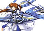  1girl absurdres arm_strap blue_eyes breasts brown_hair dress female fighting_stance fingerless_gloves fortress_(nanoha) glint gloves hair_between_eyes hair_ribbon higa_yukari highres long_hair looking_at_viewer lyrical_nanoha mahou_senki_lyrical_nanoha_force mahou_shoujo_lyrical_nanoha nyantype official_art puffy_sleeves ribbon serious shade shadow shiny shiny_hair side_ponytail simple_background solo sparkle standing takamachi_nanoha uniform wallpaper weapon white_background 