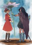  1girl akkc arm_warmers arrietty bad_id bad_pixiv_id bag black_hair bug cape clothes_pin dark_skin facial_mark flower fur giving highres insect karigurashi_no_arrietty ladybug long_hair miniboy minigirl ponytail rain spiller surprised 