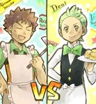  2boys apron dent_(pokemon) food multiple_boys pokemon pokemon_(anime) takeshi_(pokemon) 