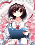  animal_ears bunny_ears checkered heart hood hoodie kaze-hime original sitting solo stylus tablet thighhighs 