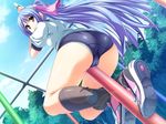  akaza ass brown_eyes buruma cameltoe climbing from_below game_cg gym_uniform henshin! henshin!!!_~pantsu_ni_natte_kunkun_peropero~ long_hair looking_back panties panties_under_buruma pole ponytail purple_hair ribbon tsukishiro_kagura underwear very_long_hair white_panties 