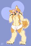  black_nose blue_eyes blush boxers canine claws dog fluffy fur hair hindpaw inuki looking_at_viewer male mammal orange orange_fur panties paws solo tail topless underwear yellow 