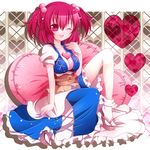  bad_id bad_pixiv_id belt blue_dress breasts cleavage clog_sandals cushion dress hair_bobbles hair_ornament heart heart_pillow medium_breasts nekosugi_(hoshi) obi one_eye_closed onozuka_komachi open_mouth pillow red_eyes red_hair sash sitting smile socks solo touhou two_side_up white_legwear 