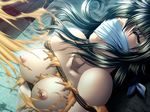  1girl about_to_be_raped areolae bare_shoulders black_hair bondage breasts crying dungeon dutch_angle erect_nipples eyes_closed gagged kidnapped large_breasts long_hair nipples oppai rope scared slab table tagme tears wince 