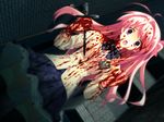 blood blood_on_face bloody_clothes blue_skirt chaos;head highres holding holding_weapon long_hair open_mouth pink_eyes pink_hair pleated_skirt sakihata_rimi school_uniform skirt solo weapon 