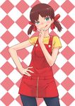  :q black_legwear blue_eyes blush brown_hair checkered checkered_background face finger_to_mouth fujiya hand_on_hip hands maeda_risou overalls pantyhose peko-chan short_hair short_twintails solo tongue tongue_out twintails 