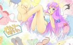  ass bad_feet barefoot blush bra breast_hold breasts cleavage crescent crescent_hair_ornament feet hair_ornament highres large_breasts lingerie long_hair panties patchouli_knowledge purple_eyes purple_hair rinku side-tie_panties solo striped striped_panties touhou underwear underwear_only 